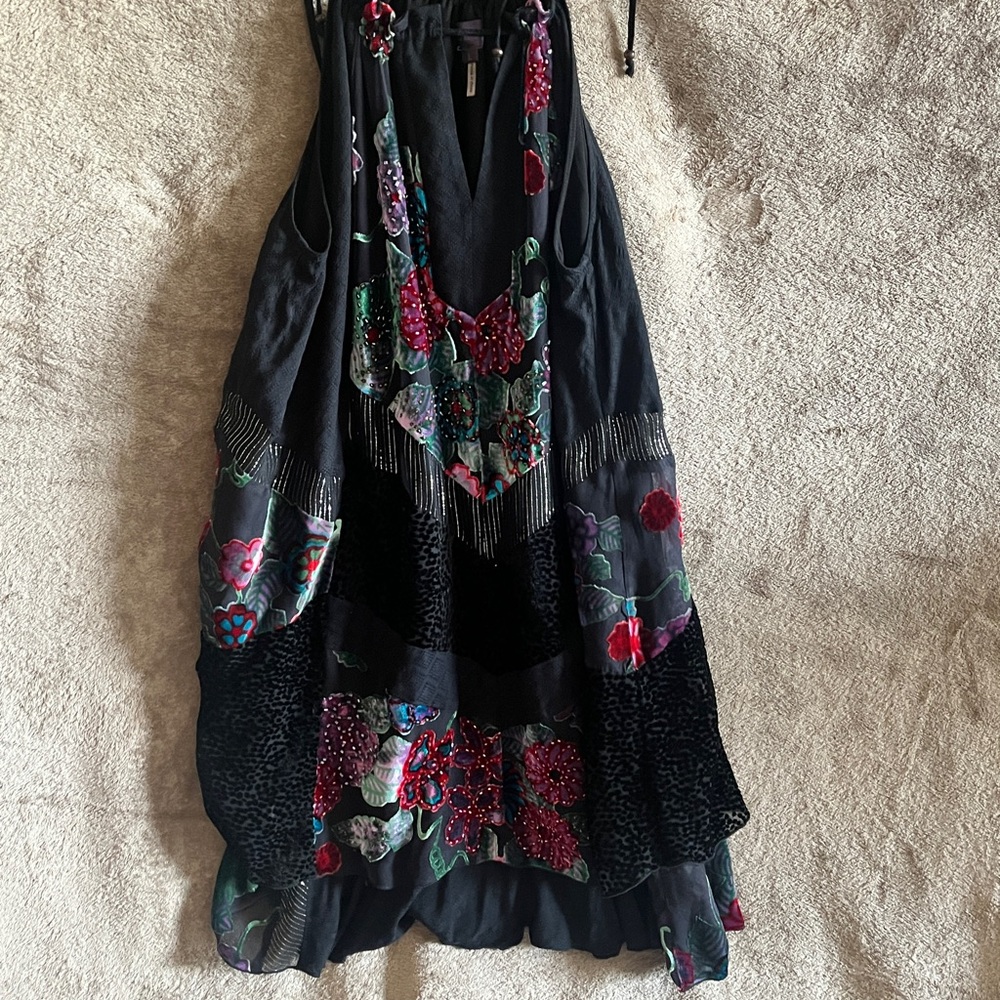 Hale Bob Black Floral Beaded Halter Dress